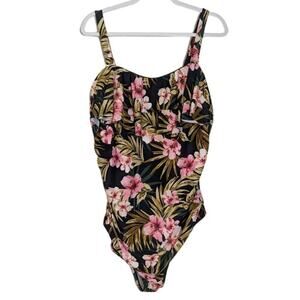 Kona Sol Floral Black Print Ruffled Neckline Padded One Piece Swimsuit 24W